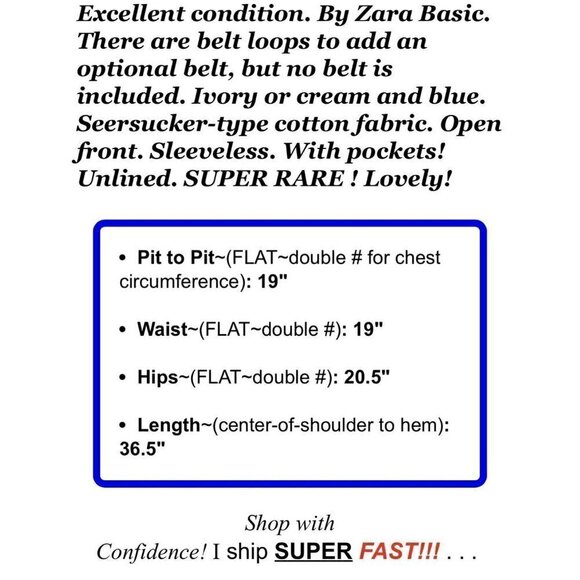 Zara Sz S Long Blue Ivory Striped Trench Seersucker Utility Duster Vest Jacket - Picture 12 of 12